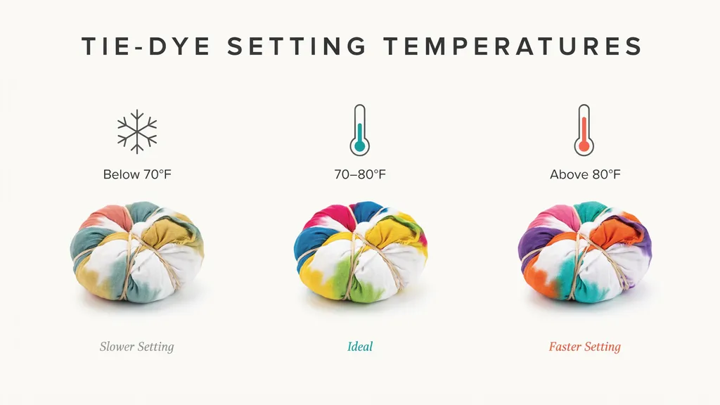 Tie-dye setting temperature chart comparing below 70°F, 70–80°F, and above 80°F with color-setting results.