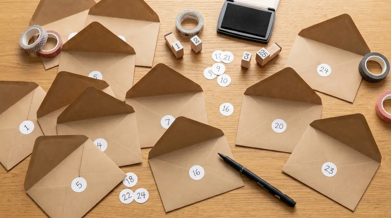 Standard envelopes laid out with tape and markers for numbering