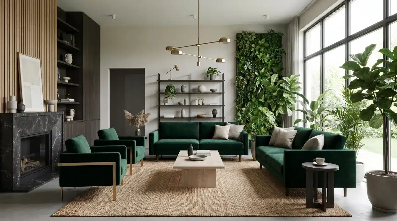 A modern living room blending dark luxury, Japandi minimalism, and biophilic design with plants, natural light, and stylish furnishings.