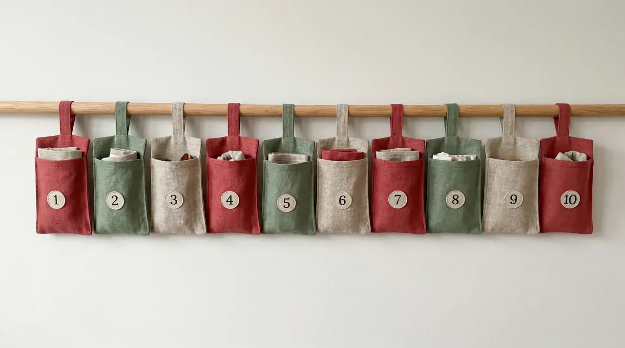 Fabric pockets hanging from rod with numbered tags ready for advent calendar