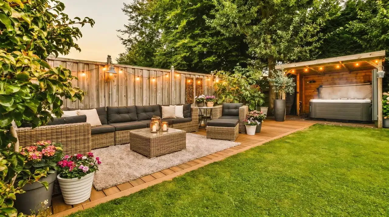Warm wood deck with darker border trim framing an outdoor lounge area with string lights at dusk