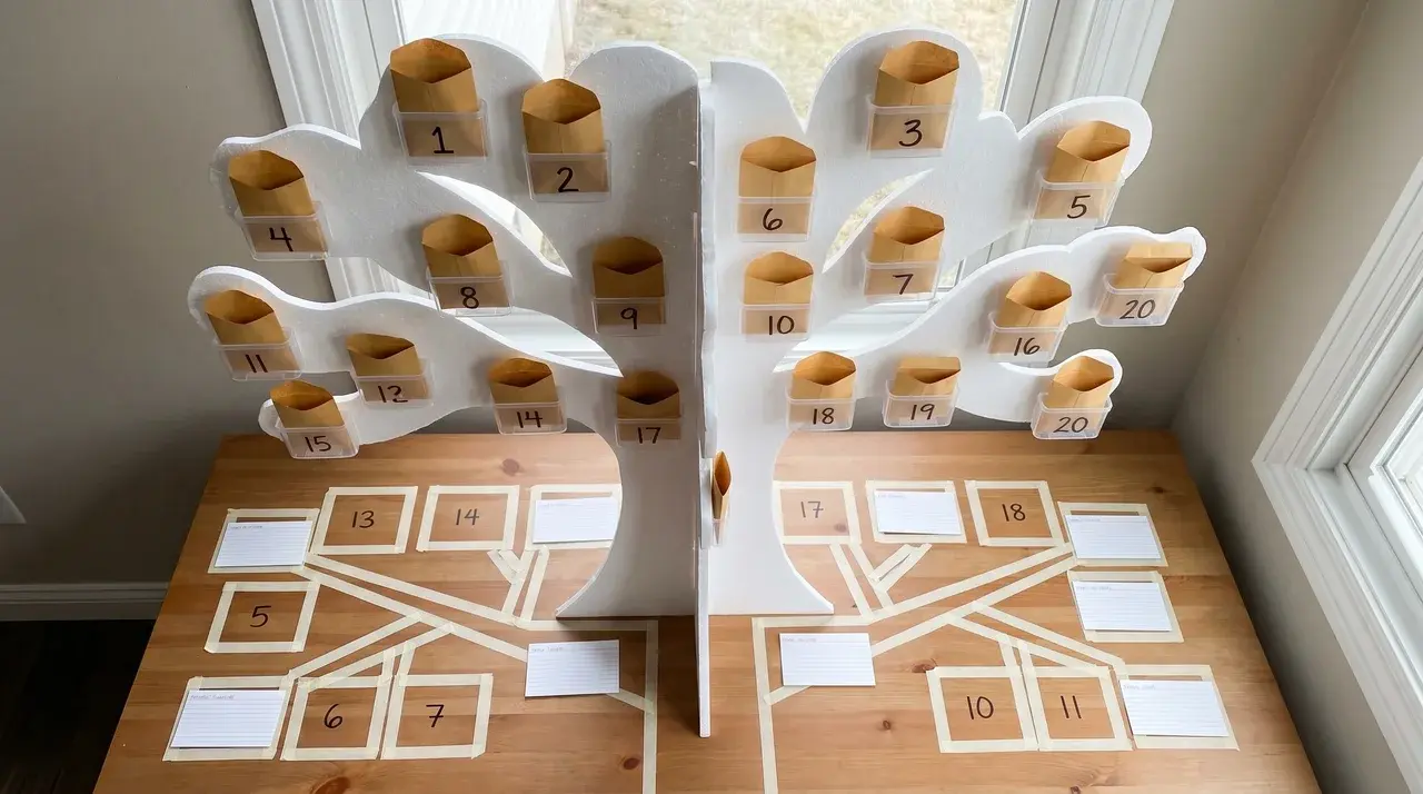 Foam board tree layout with numbered envelopes and small containers attached