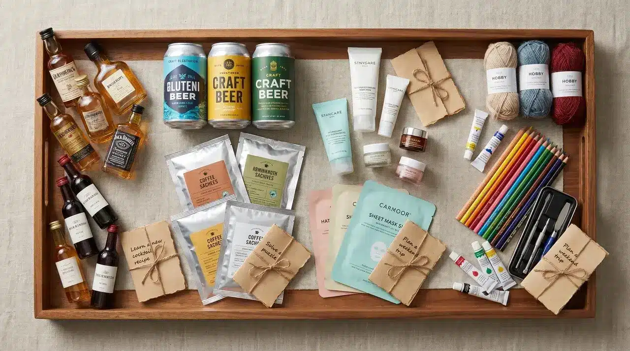 Themed advent calendar fillers for adults including mini spirits, wine, coffee sachets, skincare, hobby supplies, and activity notes