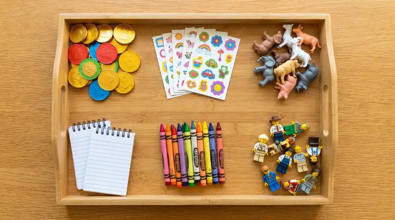 Assorted advent calendar fillers for kids including chocolate coins, stickers, LEGO figures, crayons, mini notepads, and small animals