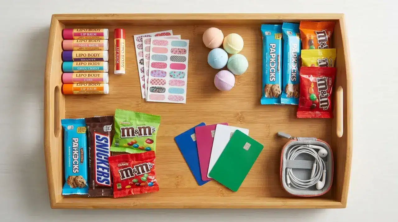 Teen advent calendar fillers arranged on table including lip balm, nail stickers, bath bombs, snacks, gift cards, and earbuds