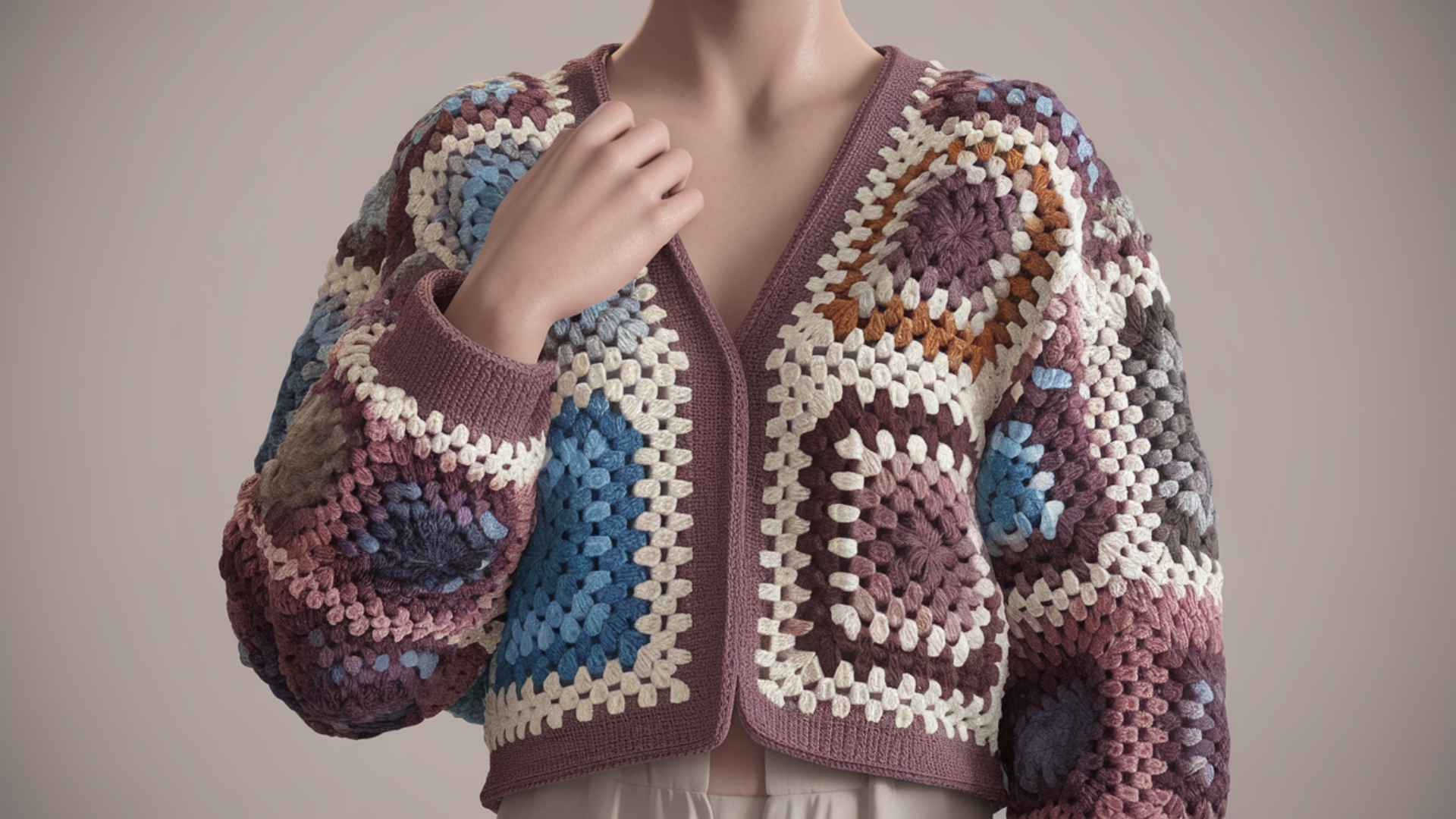 Waist-up model wearing a granny square crochet cardigan with joined motifs.