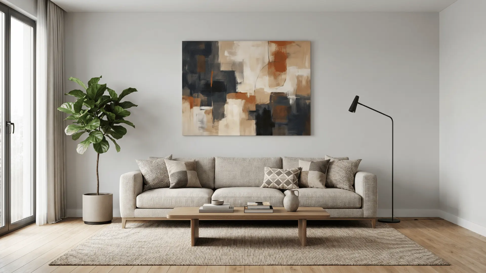 Art piece hung at eye level above sofa, integrating with furniture arrangement.