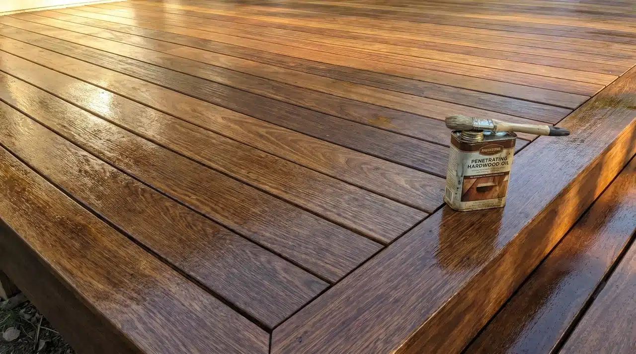 Freshly oiled Ipe hardwood deck boards with deep brown grain and a tin of penetrating oil in the corner