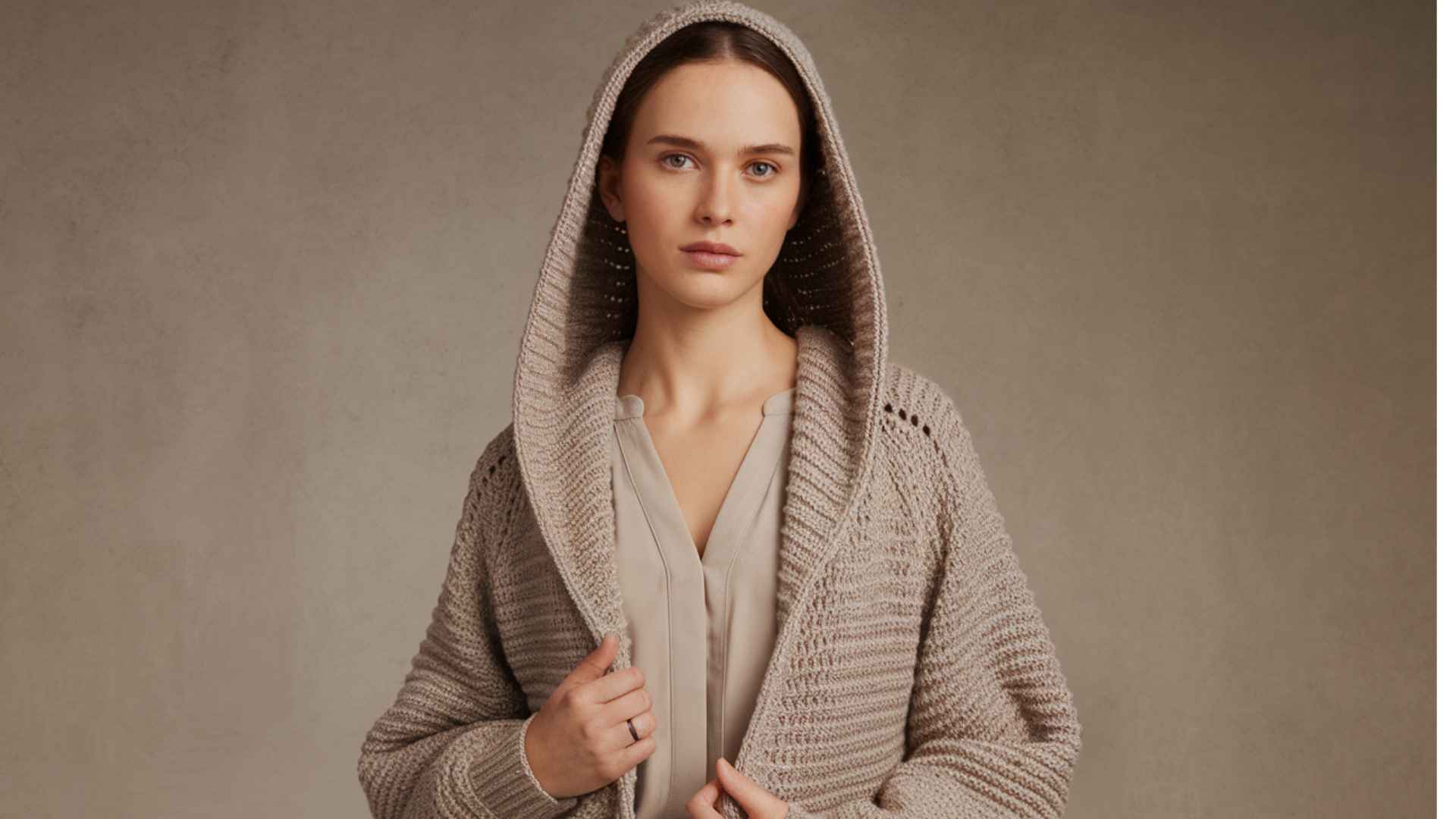 Waist-up model wearing a cozy crochet hooded cardigan.