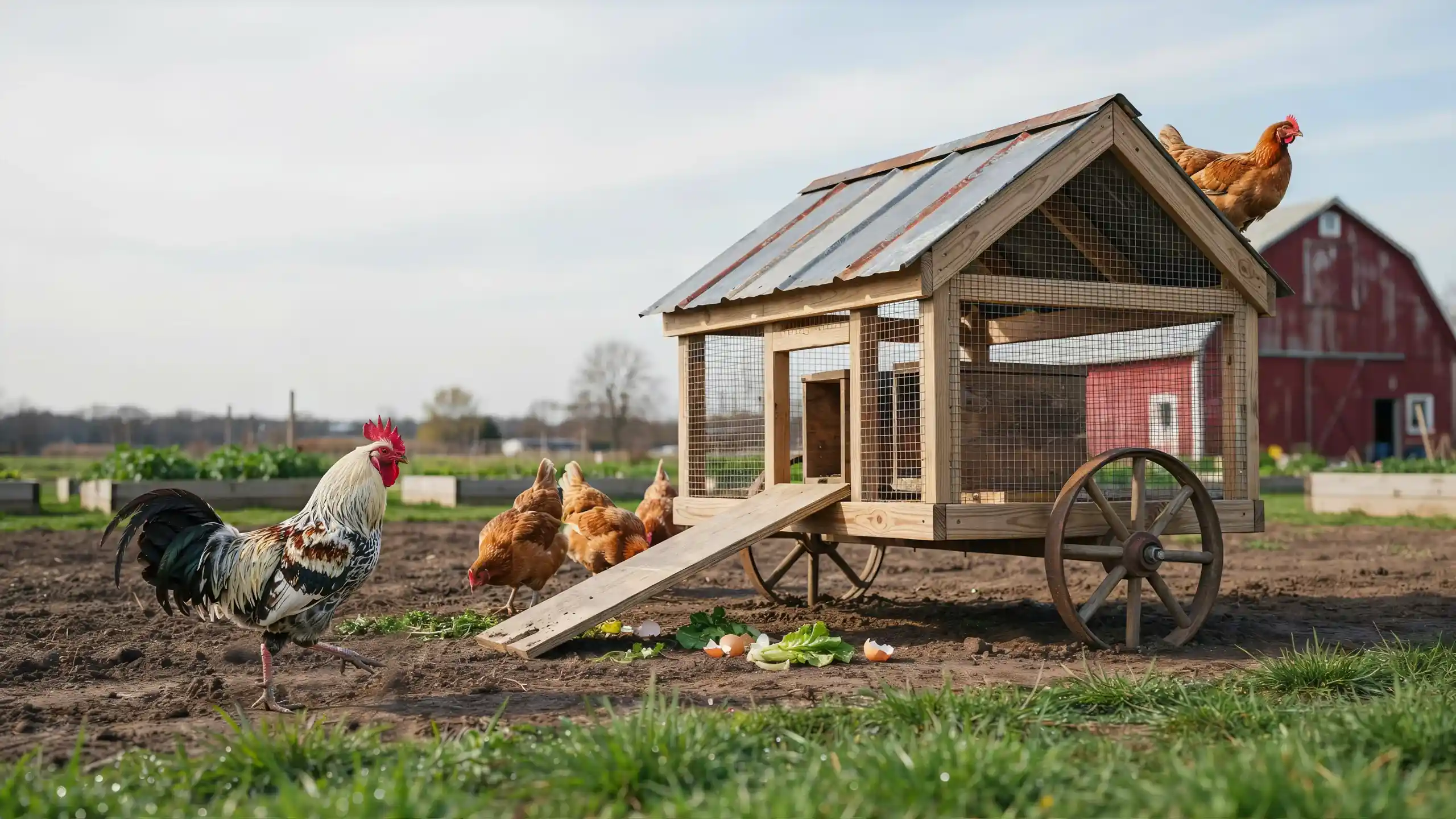 Mobile chicken tractor coop with wooden wheels, a ramp, and free-ranging chickens in a farmyard setting