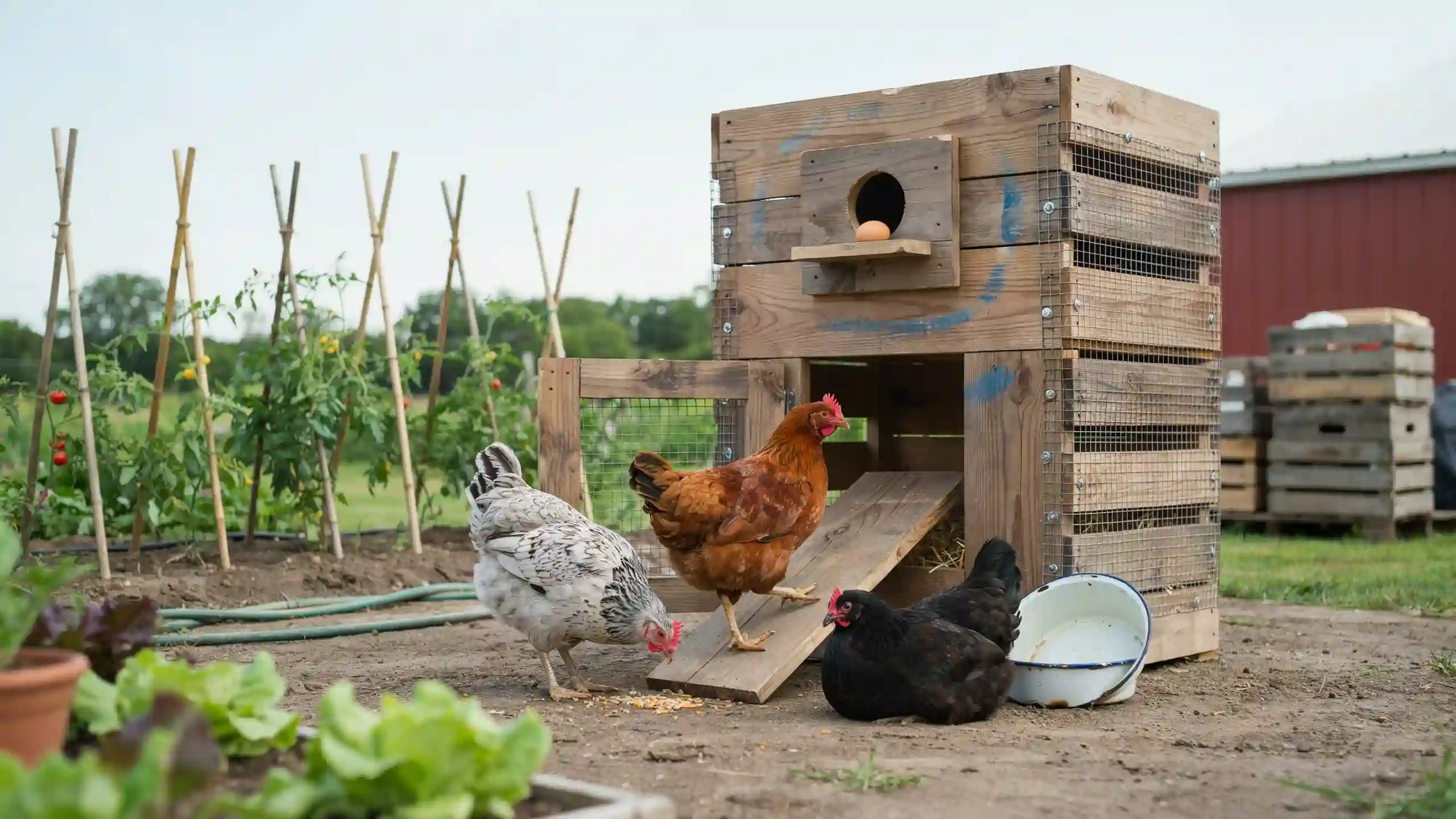 Wooden crate chicken coop made from stacked crates with a ramp and hens gathered in a garden setting