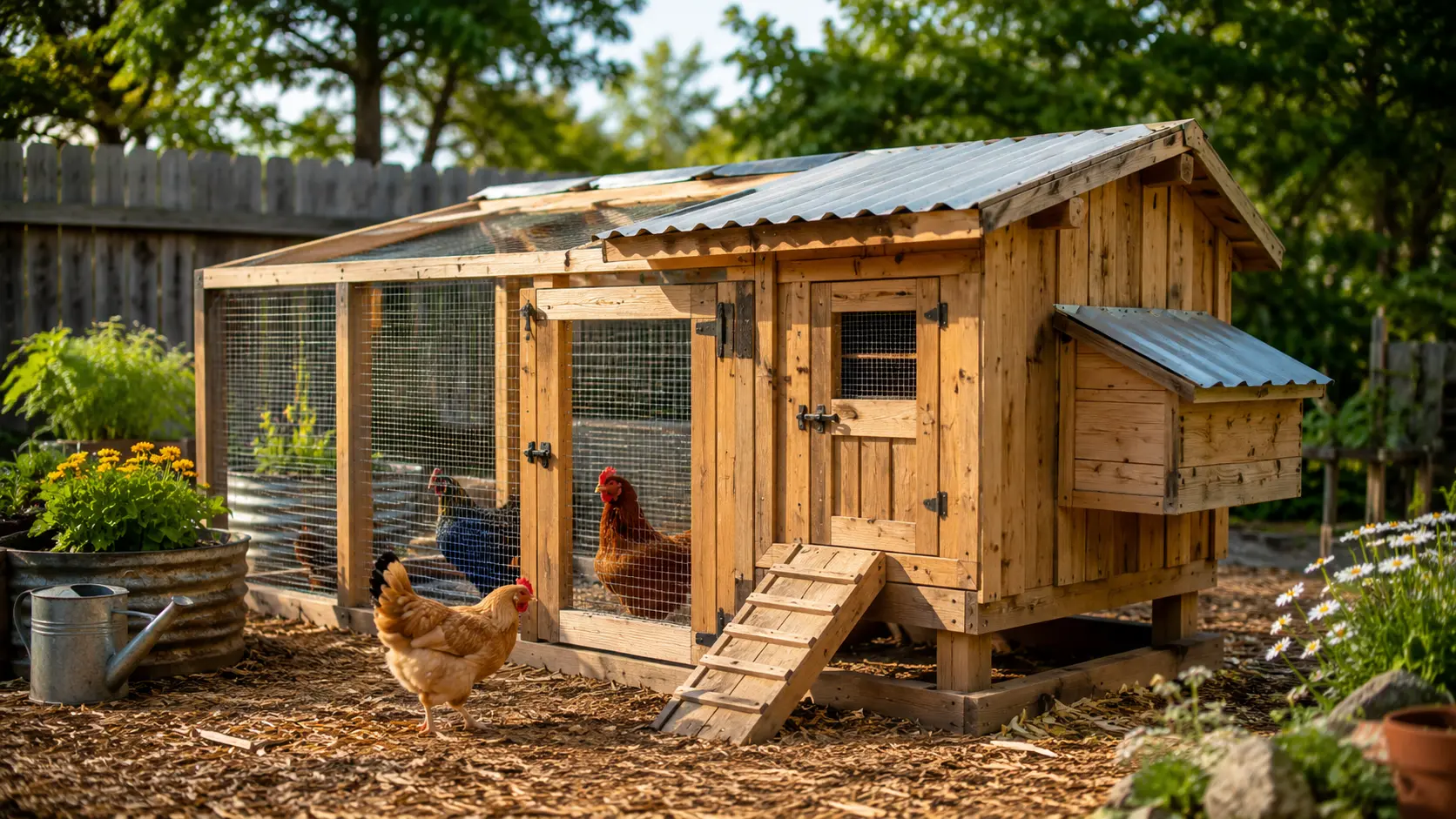 DIY wooden chicken coop with enclosed run and backyard chickens in a sunny garden setting