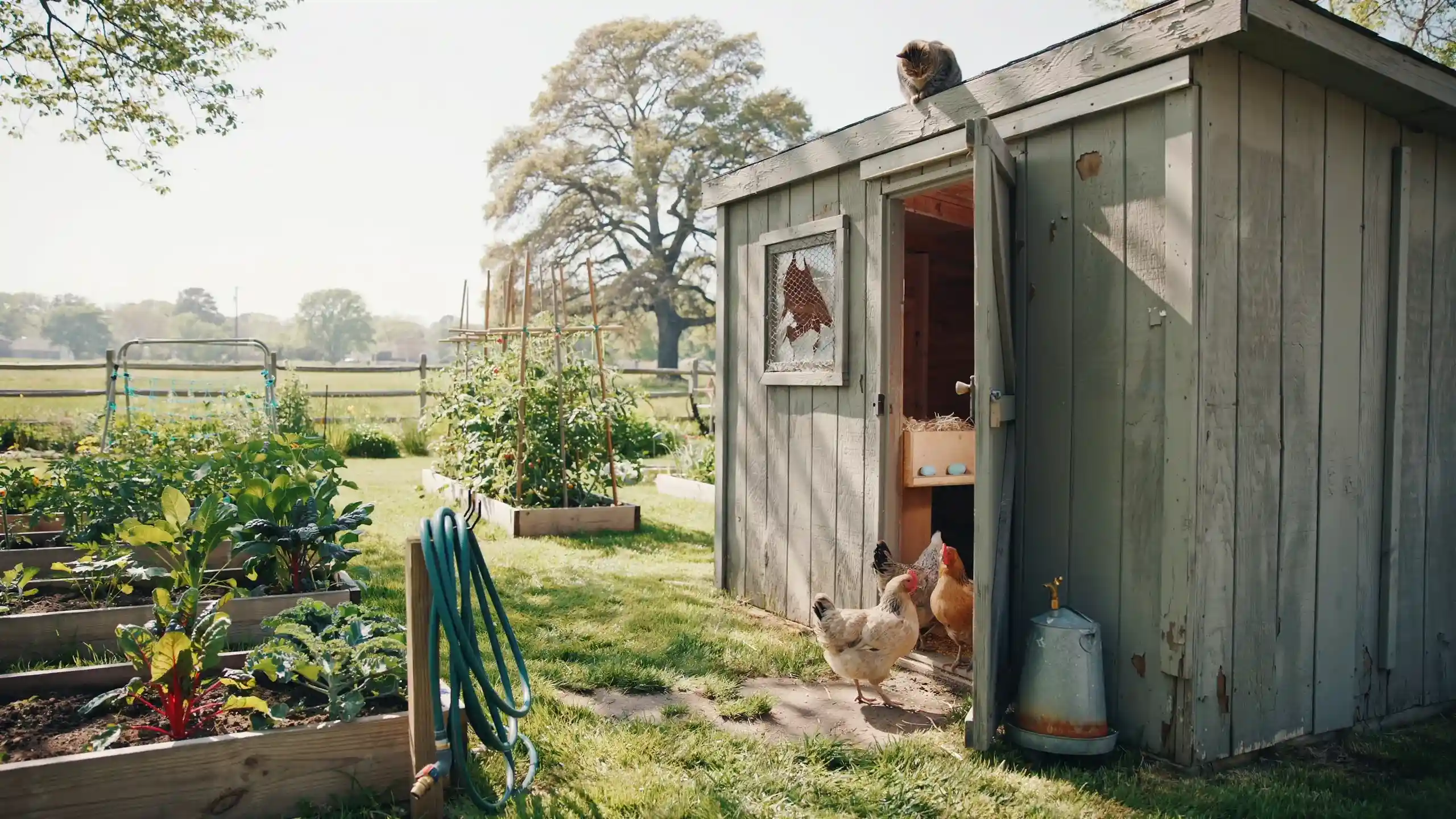 Repurposed garden shed chicken coop with hens at the doorway beside raised vegetable beds