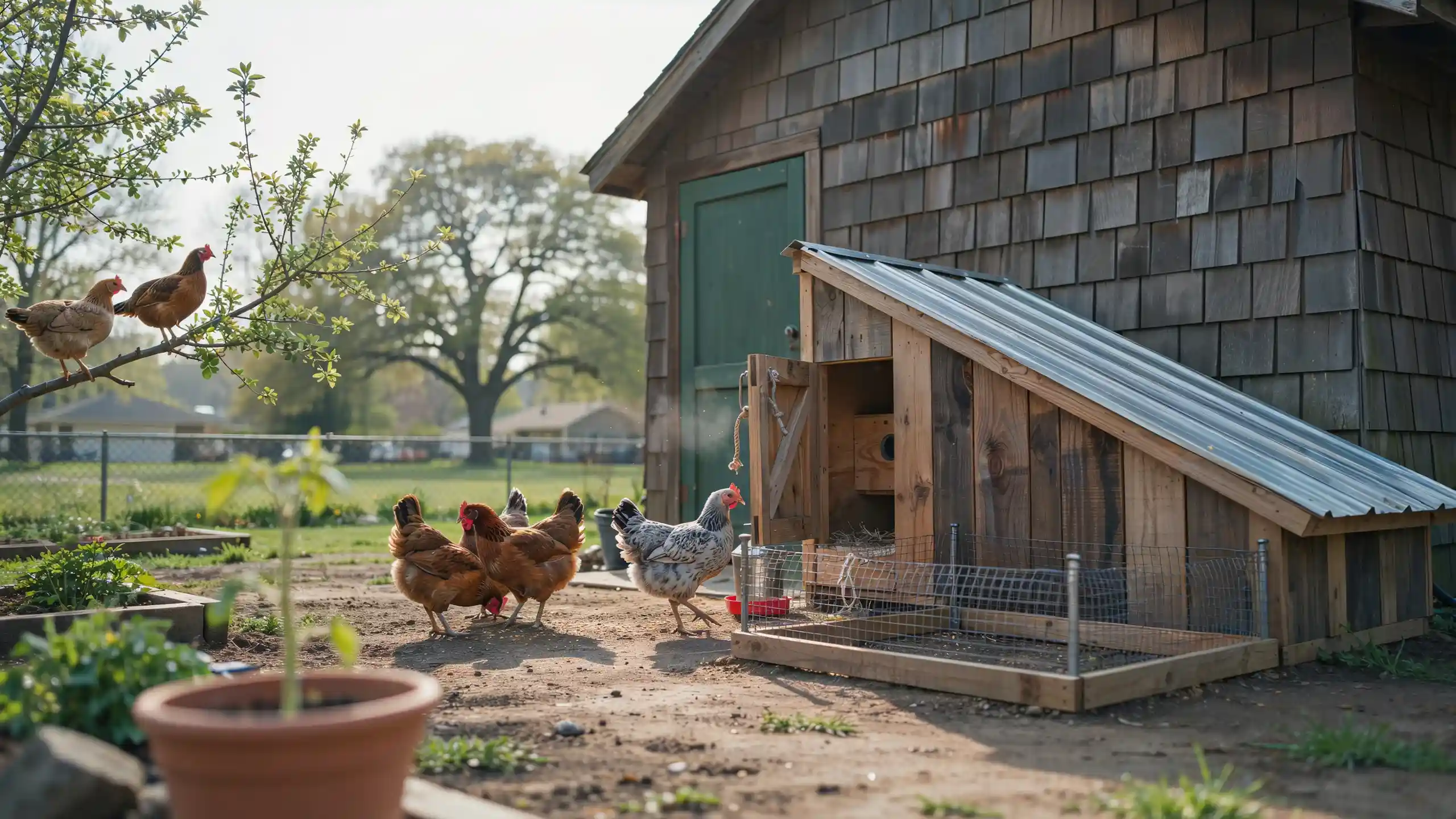 Lean-to chicken coop attached to a shed with a sloped roof and hens roaming in a backyard garden