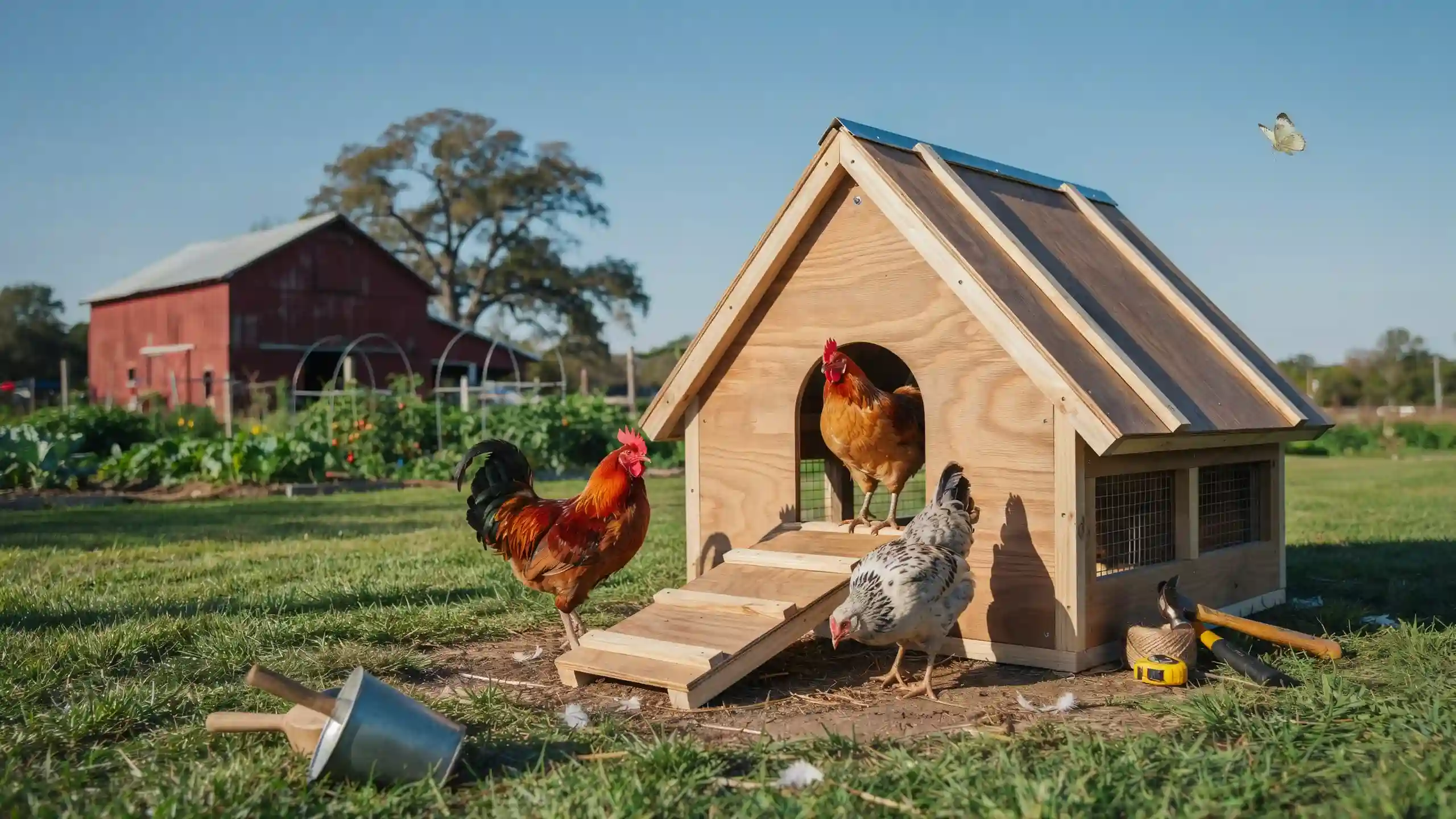 A-frame chicken coop with chickens gathered around a wooden shelter in a grassy farmyard