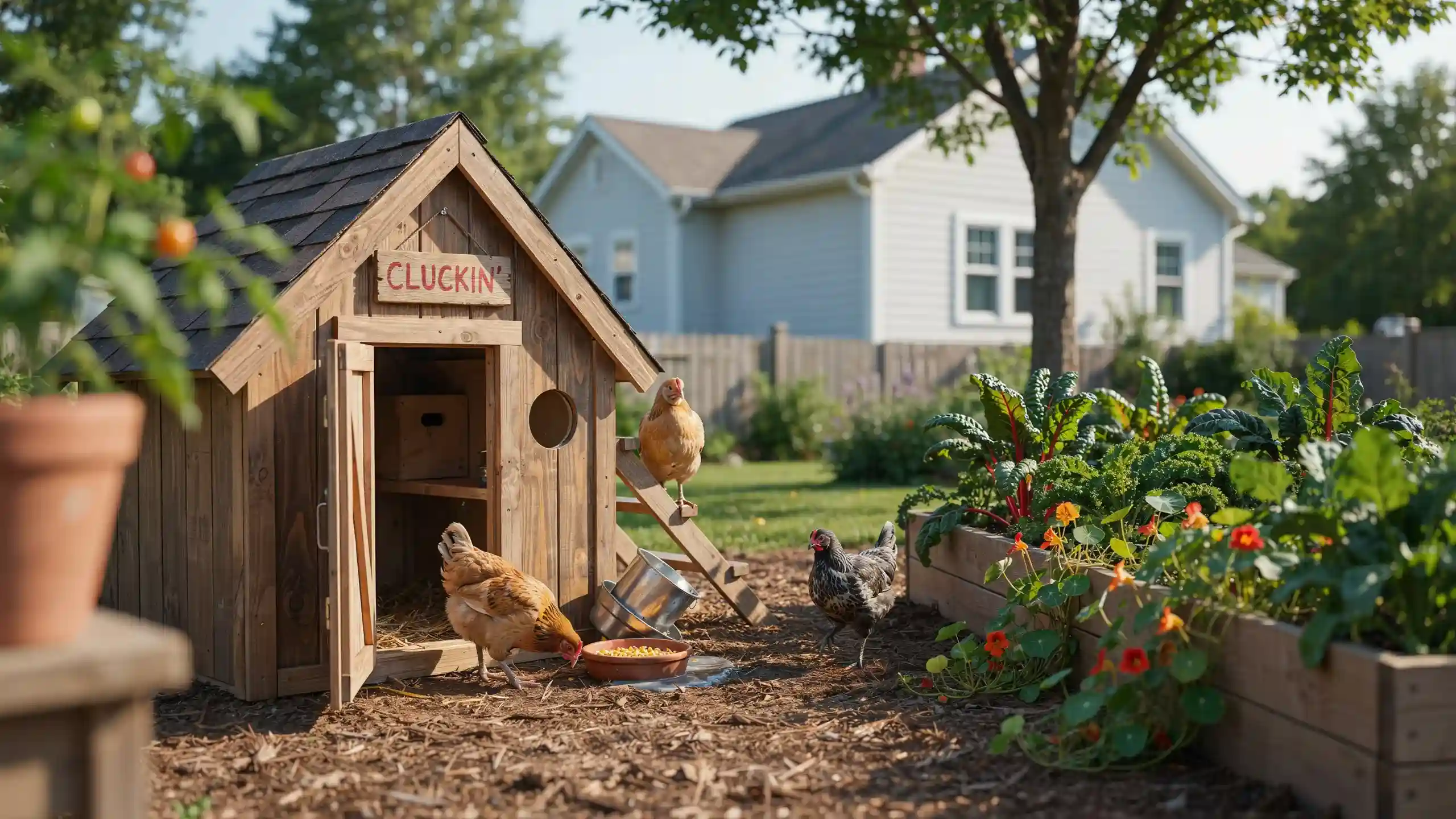 Small backyard chicken coop with hens roaming beside raised garden beds in a suburban backyard