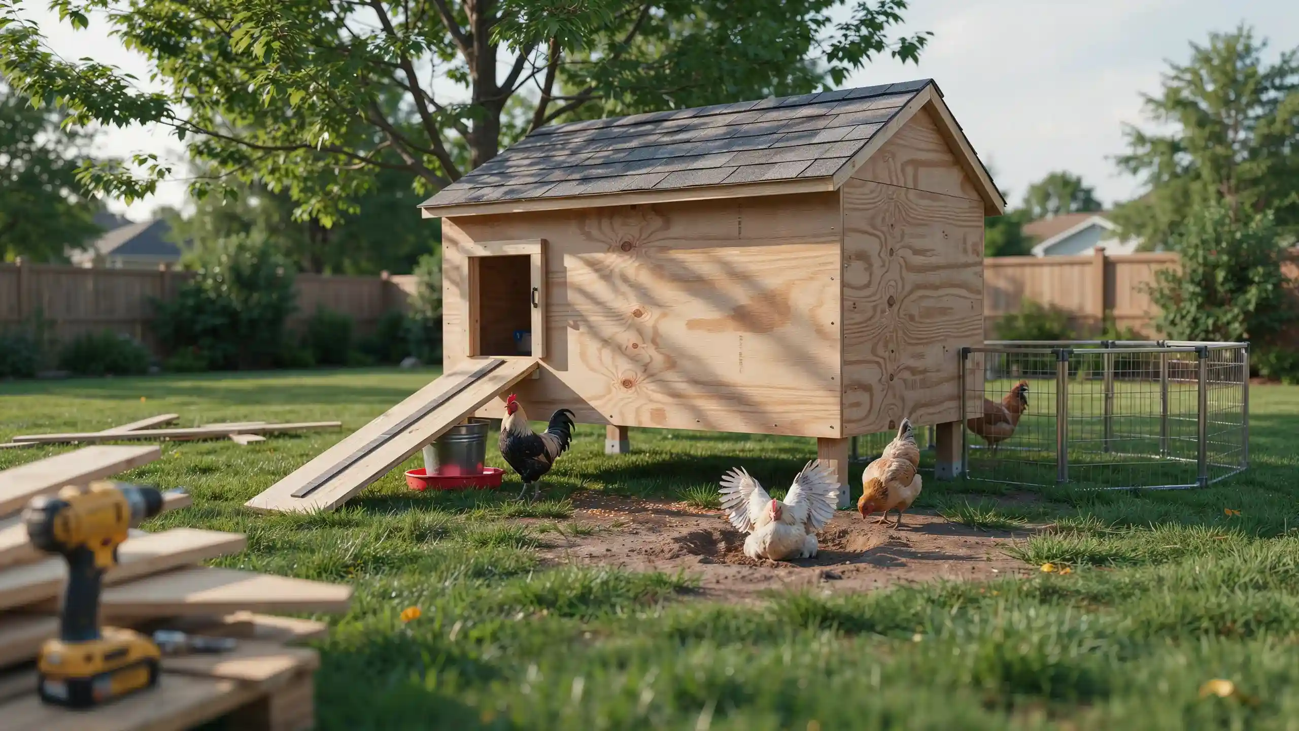 Plywood budget chicken coop with a simple raised design, ramp, and free-ranging chickens in a backyard