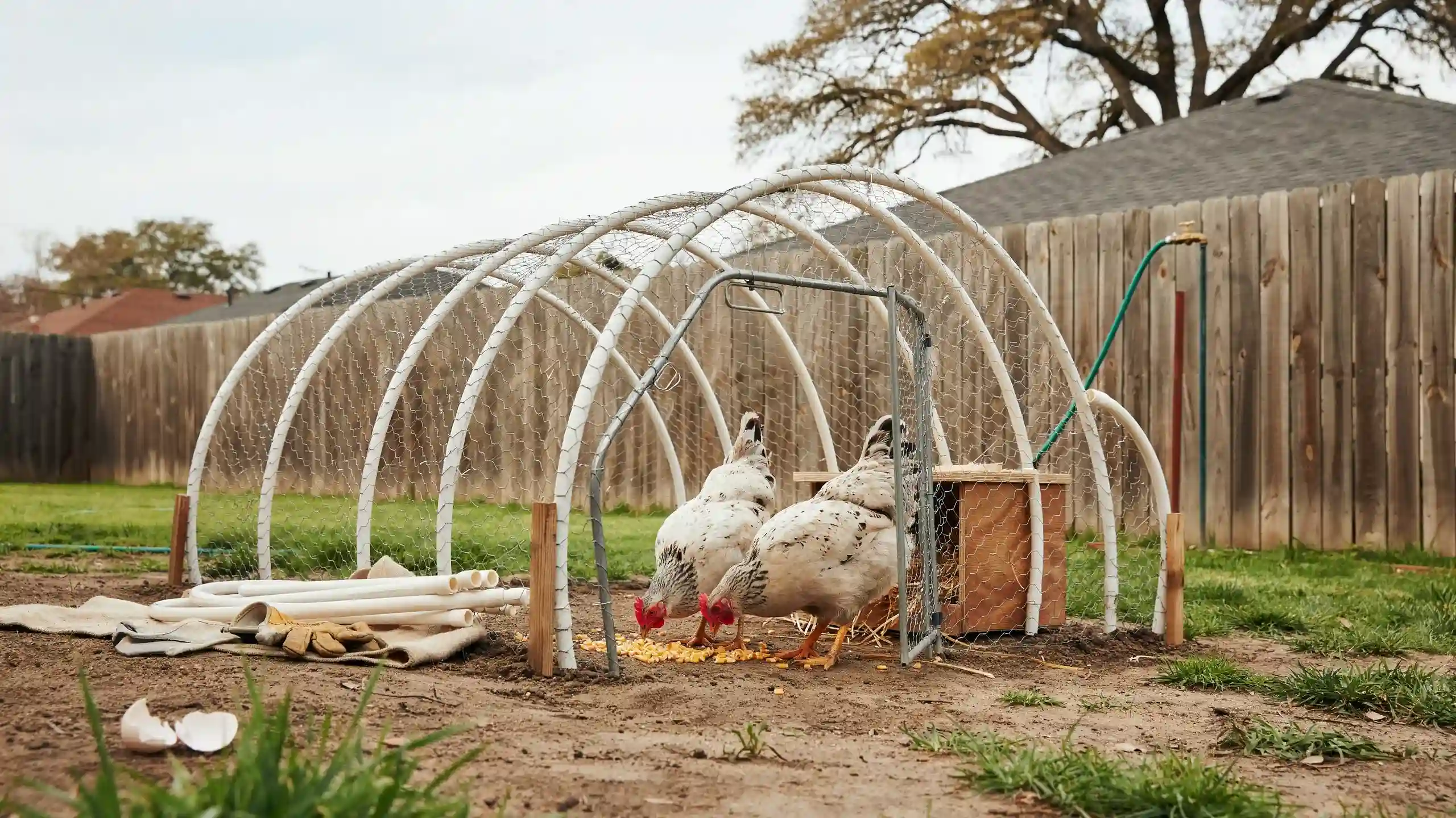 Hoop coop with PVC pipe frame and wire mesh enclosure housing chickens in a backyard setup