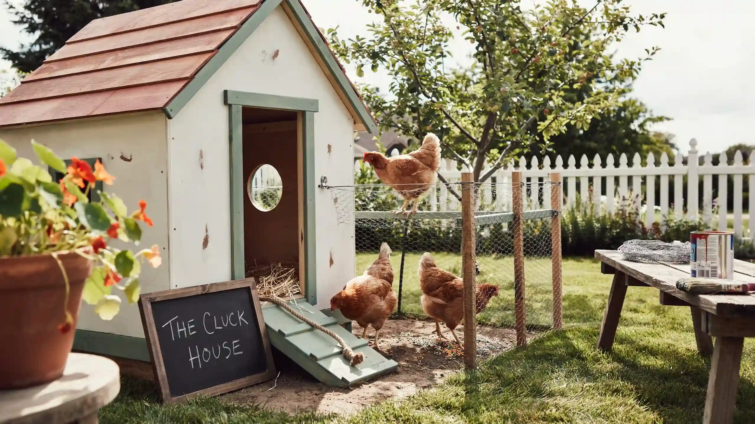 Recycled playhouse chicken coop with a small fenced run and hens roaming in a backyard garden
