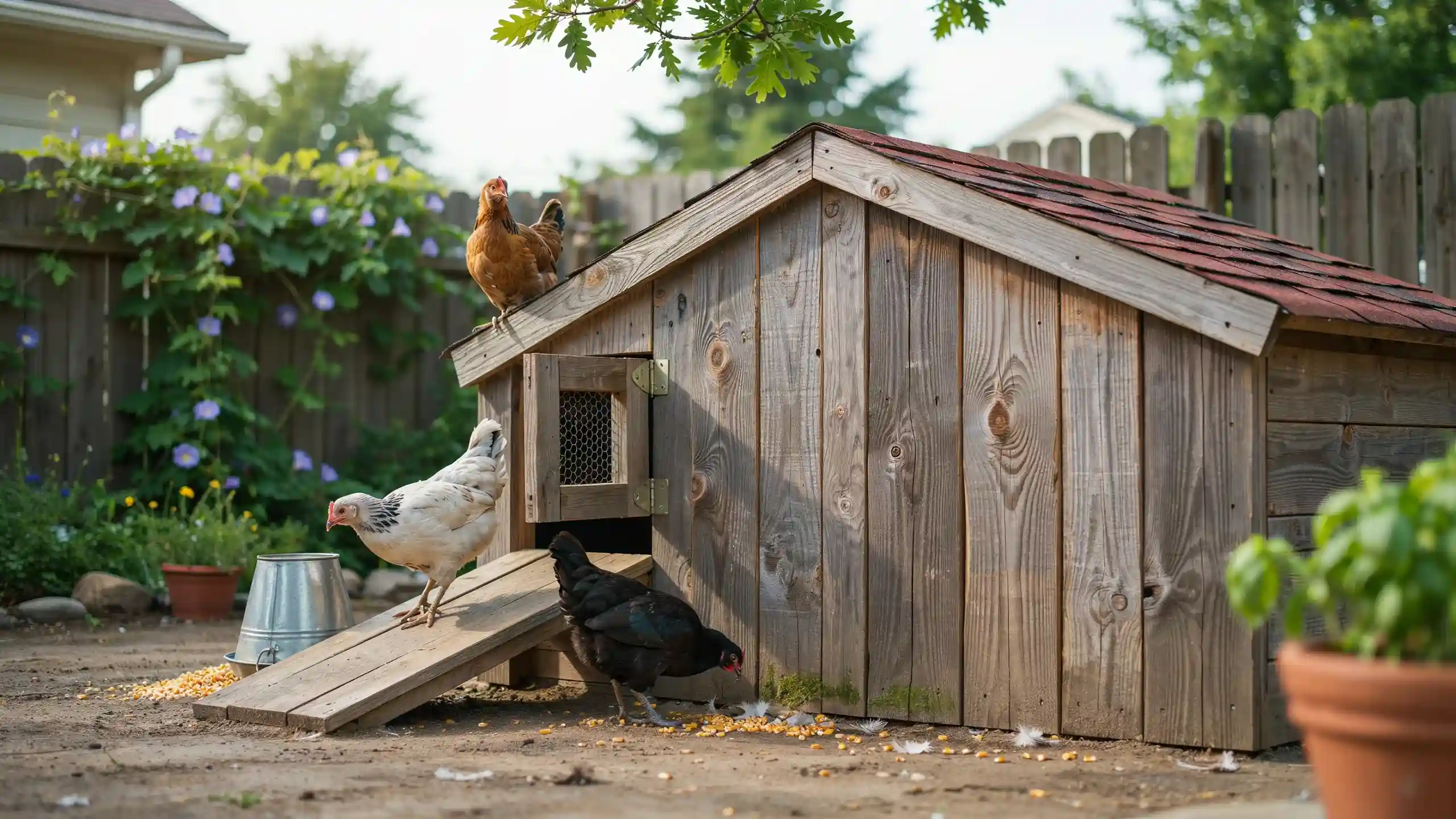 Reclaimed fence board chicken coop with hens gathered around a rustic wooden shelter in a backyard garden