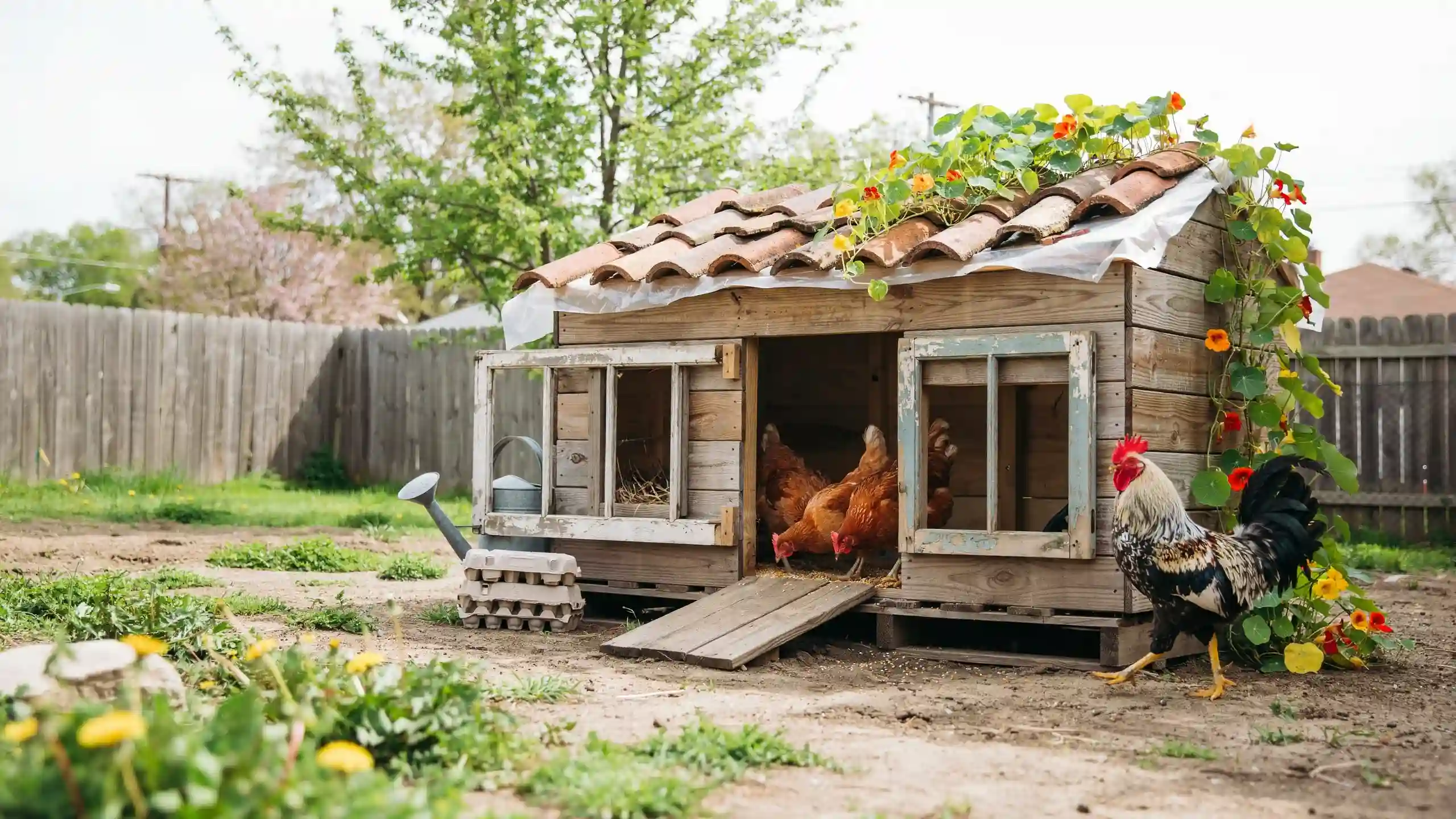 Upcycled greenhouse-style chicken coop with reclaimed windows, a rustic roof, and chickens gathered