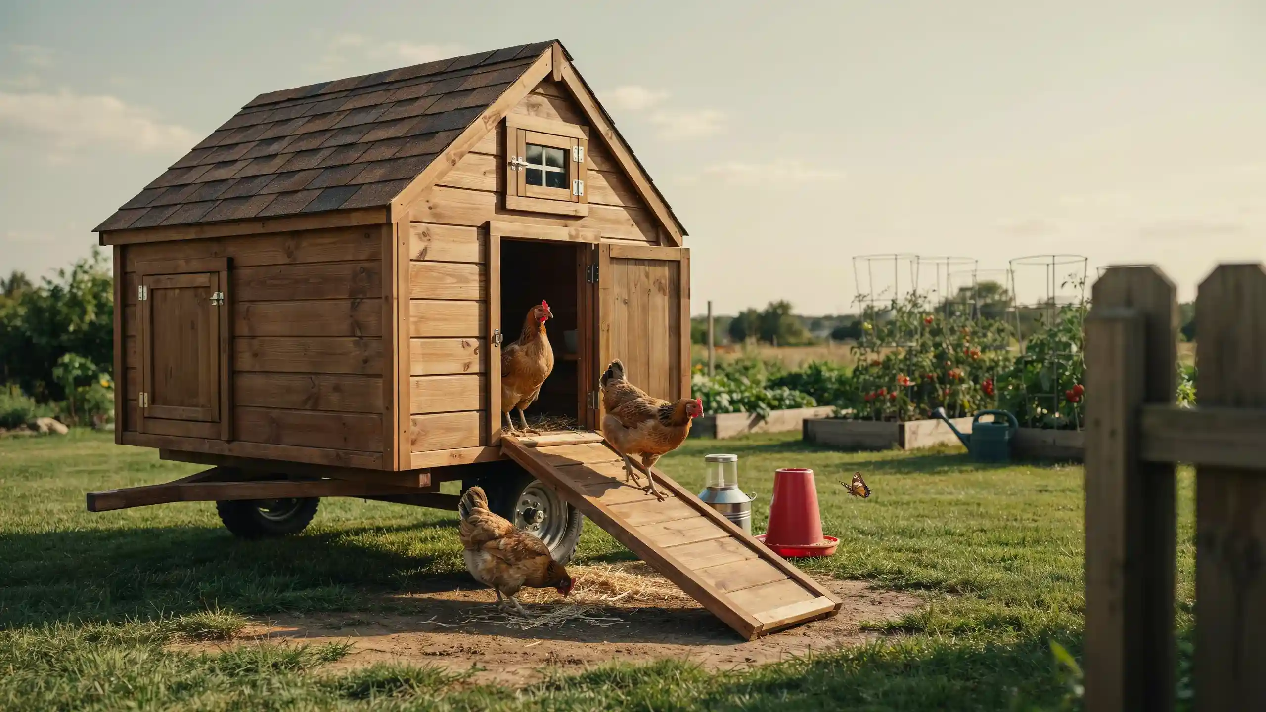 Portable chicken coop on wheels with a wooden ramp and free-ranging hens in a backyard garden