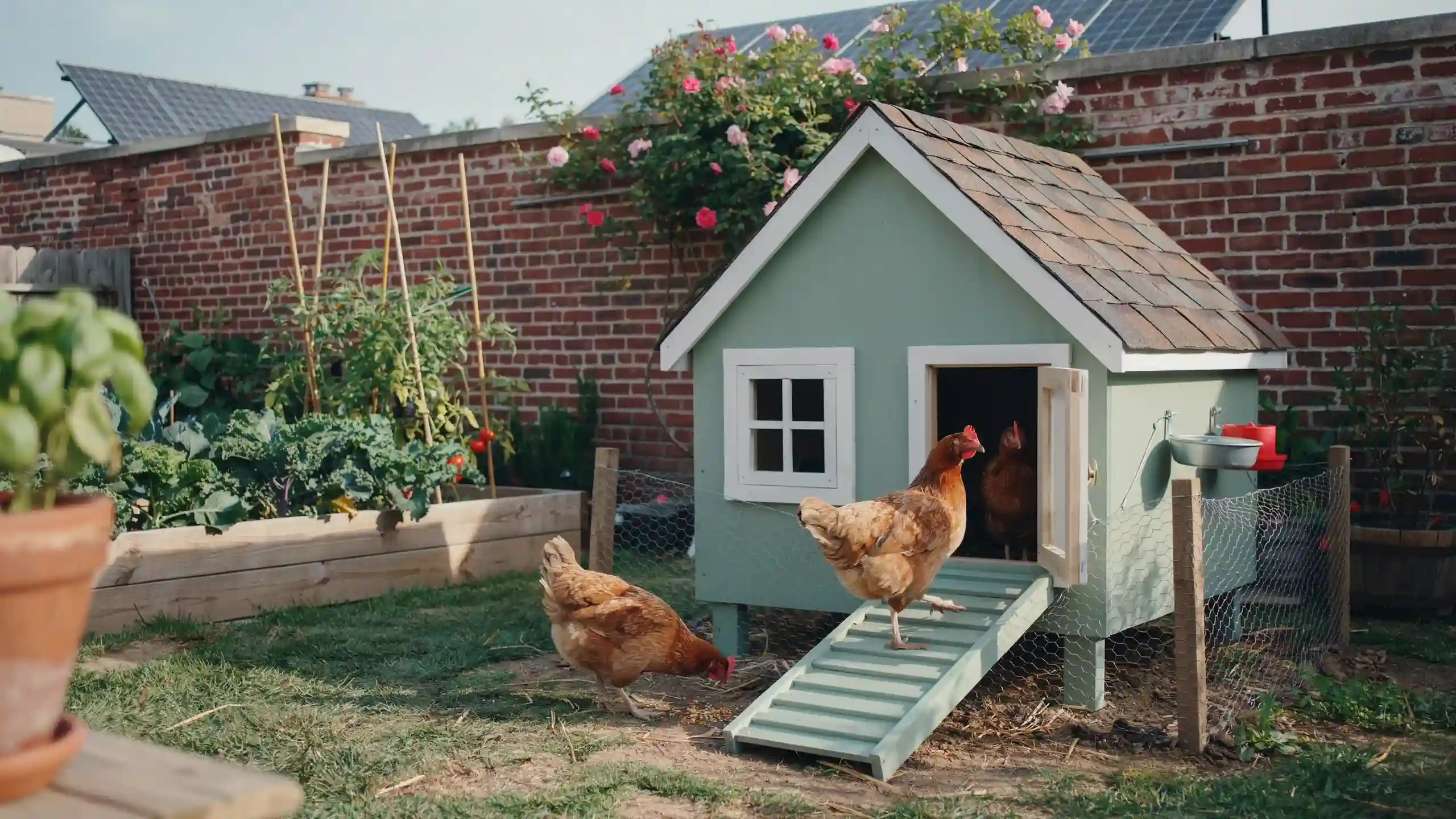 Compact urban chicken coop with a raised design, small fenced run, and hens in a backyard vegetable garden
