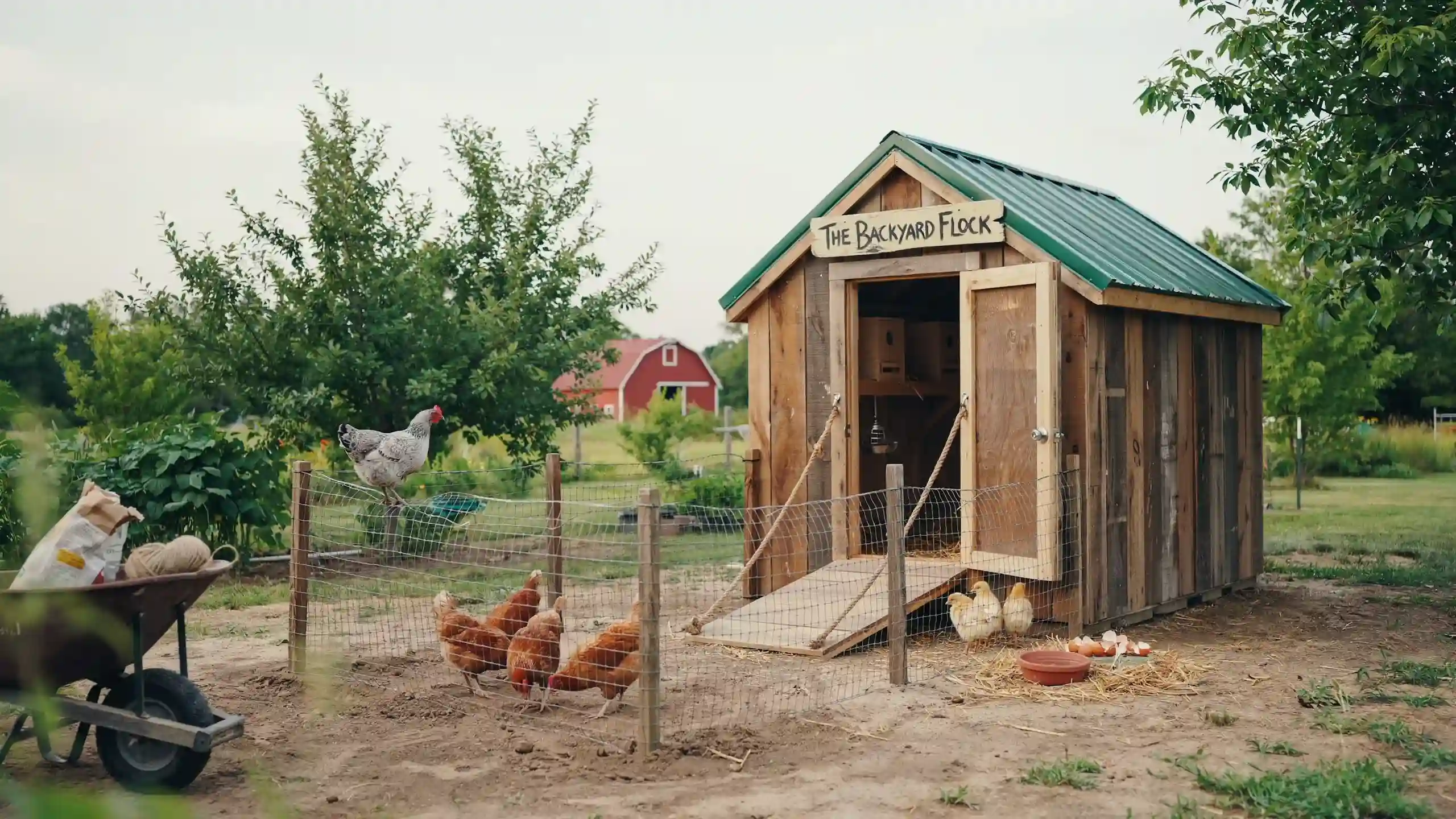 Walk-in budget chicken coop with a fenced run, wooden ramp, and chickens roaming in a backyard