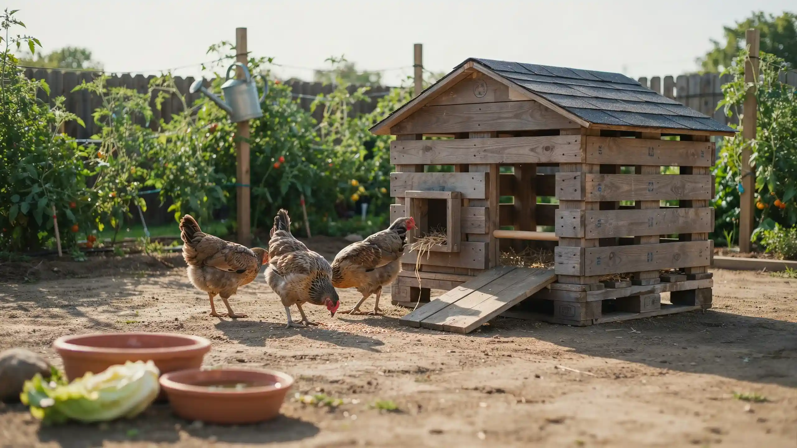 Pallet wood chicken coop with three hens feeding in a backyard garden beside a handmade wooden shelter