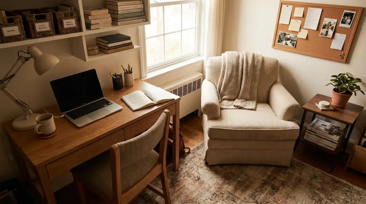 A cozy reading corner with well-placed furniture, good lighting, and organized surroundings.