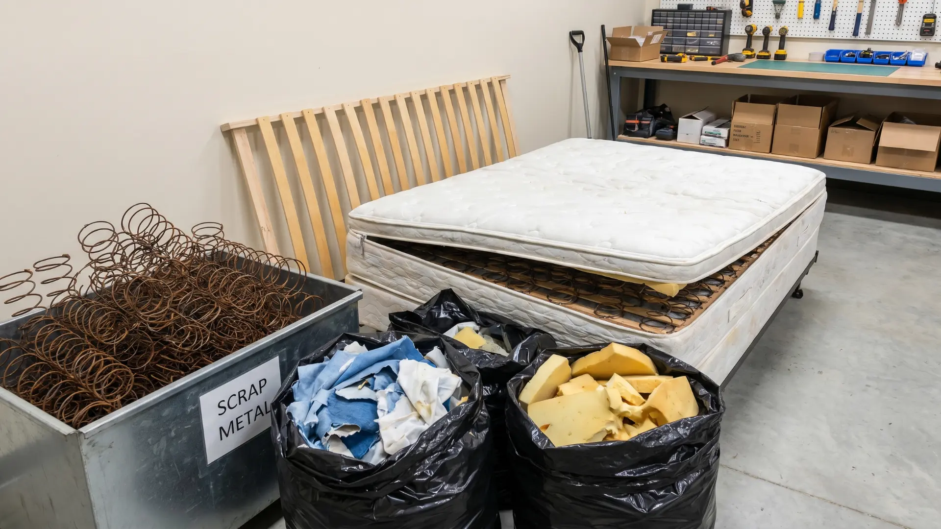 Partially disassembled mattress with fabric, foam, springs, and wood frame sorted for disposal and recycling.