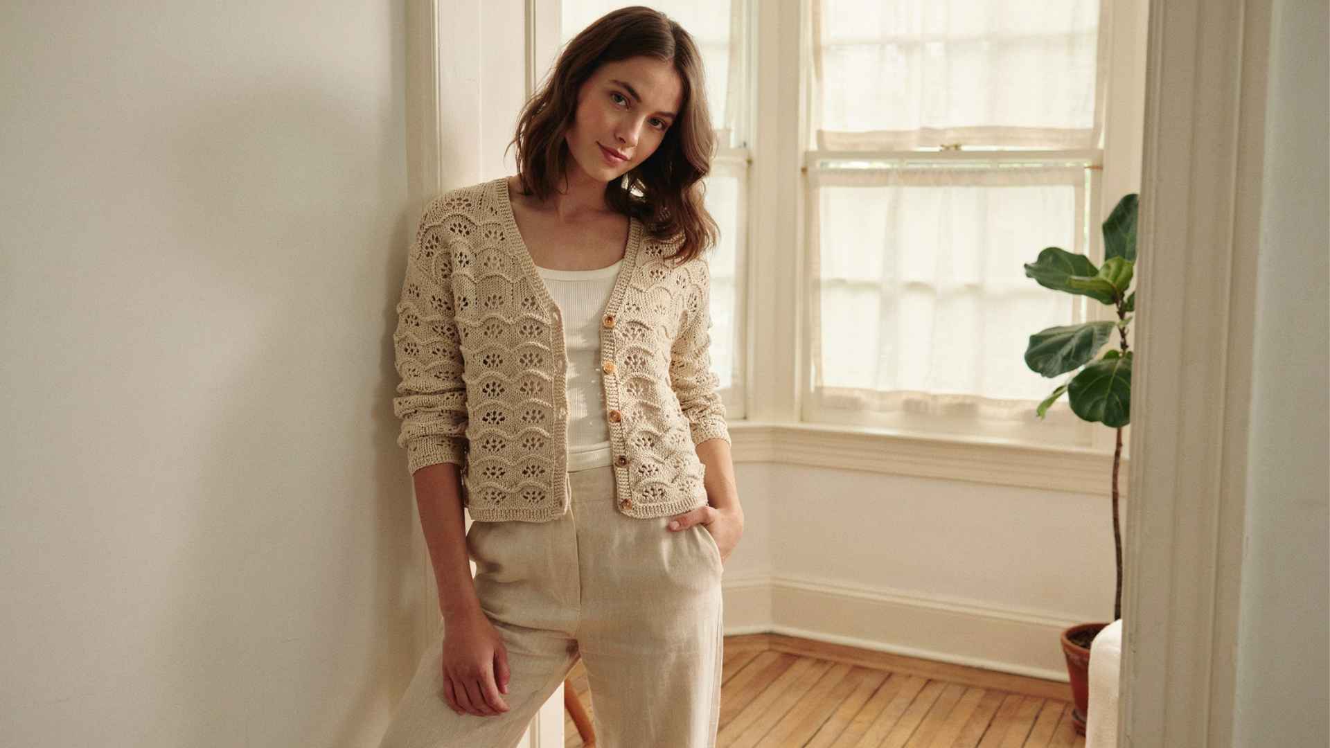 woman wearing lacy crochet cardigan in a bright room