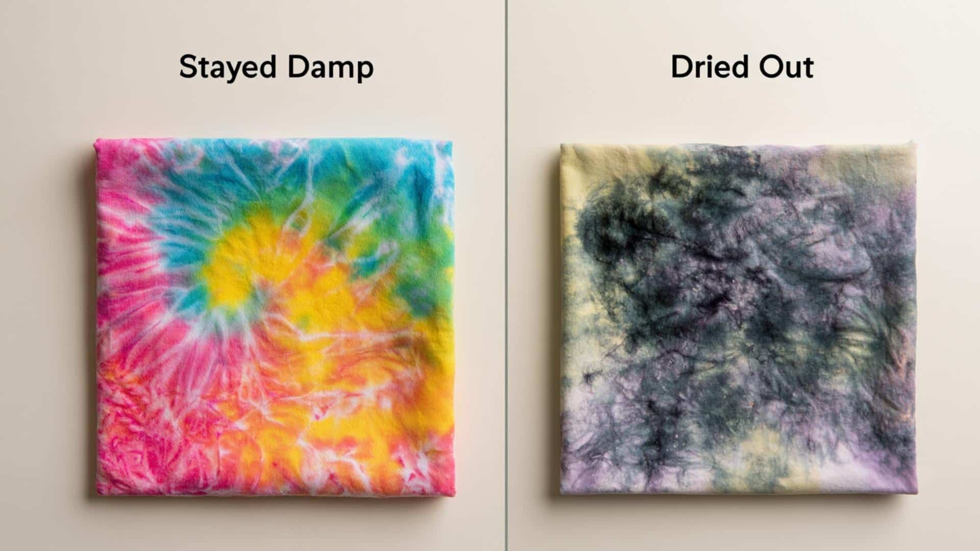 Infographic comparing tie-dye fabric that stayed damp versus fabric that dried out mid-wait