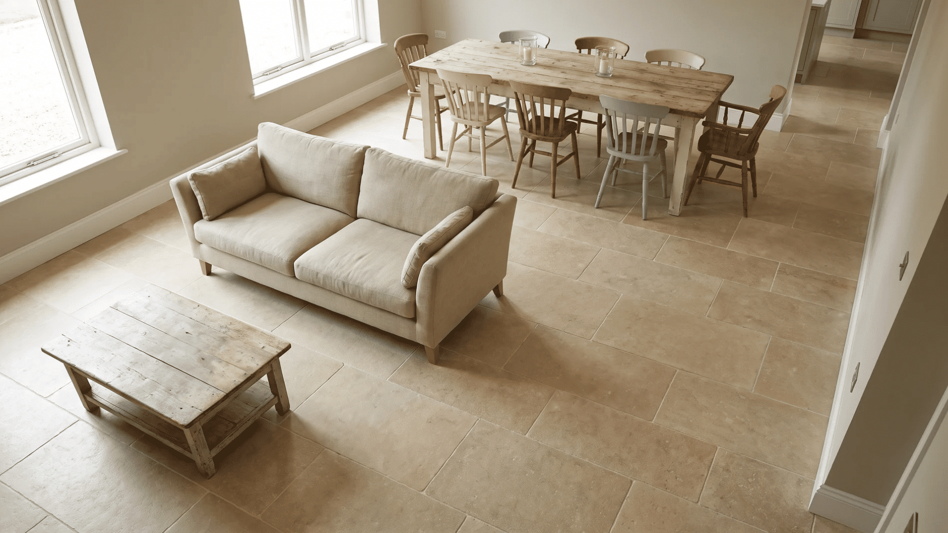 open living dining room with limestone porcelain floor, linen sofa, farmhouse table