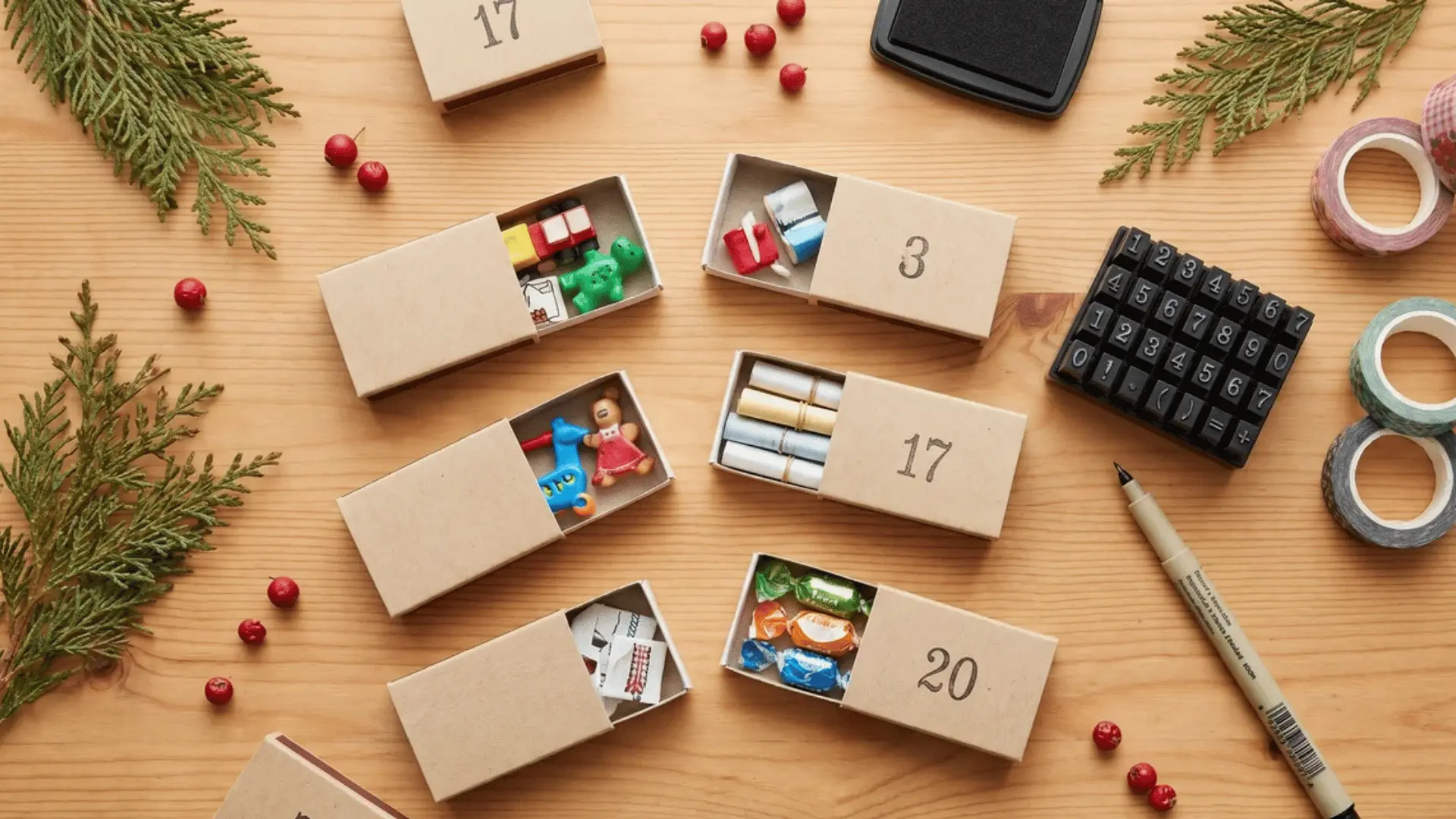 Matchboxes laid out with pens and tape for DIY advent calendar