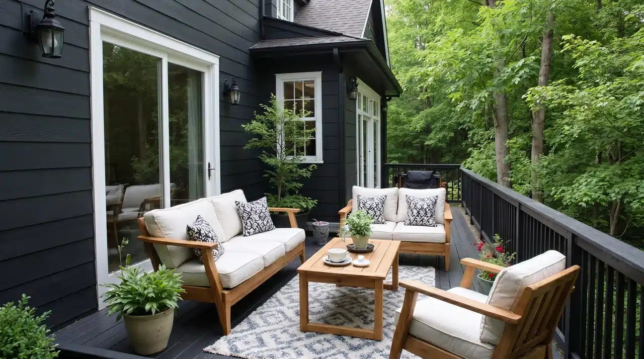 Dark charcoal deck with black metal railing and white cushioned furniture on a modern home exterior