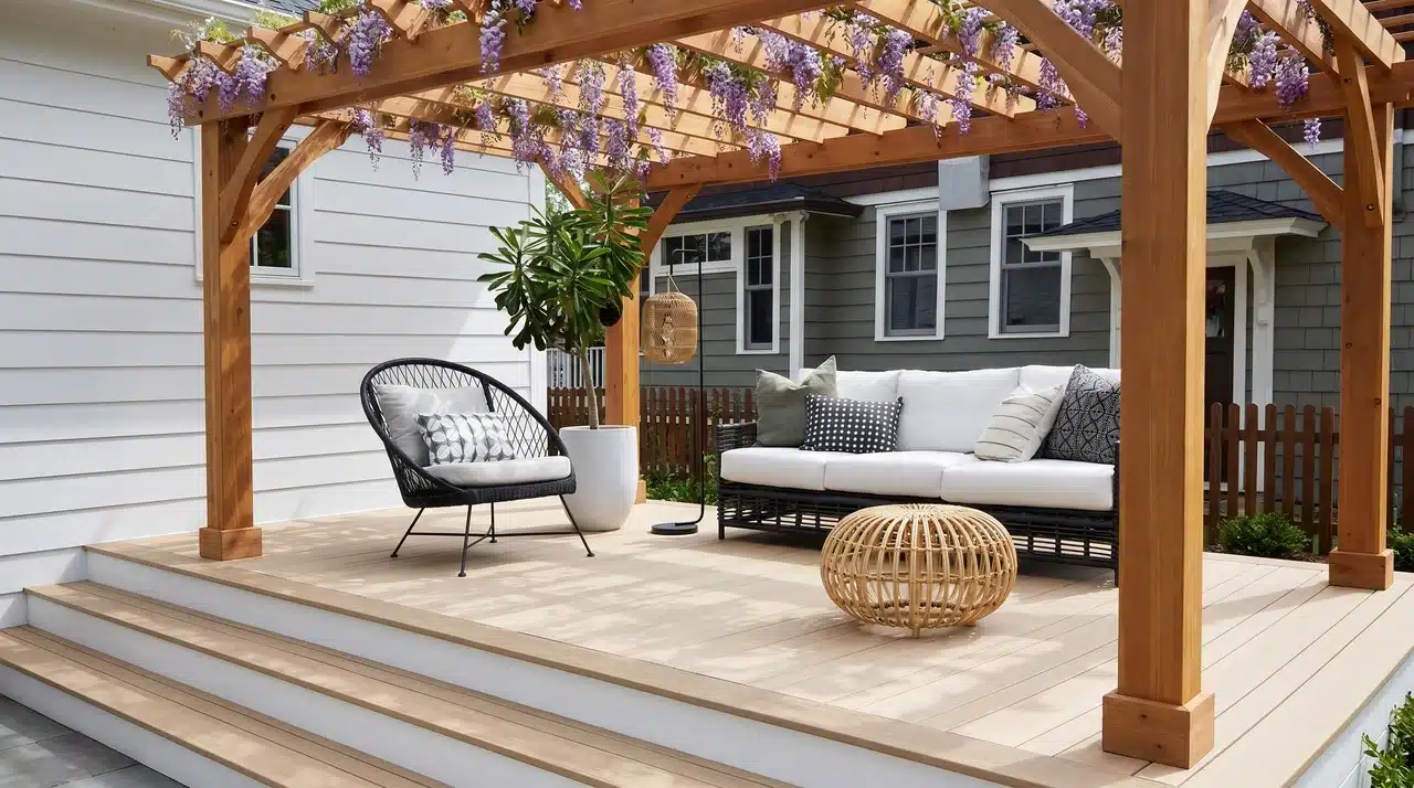 Light sand toned composite deck under cedar pergola with wisteria and modern outdoor furniture