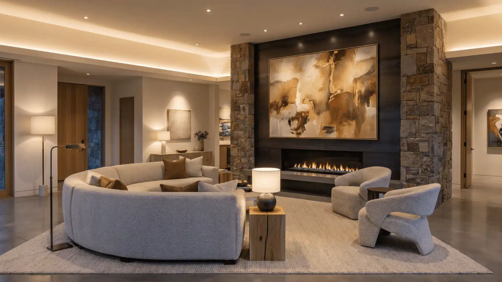 Living room seating oriented toward a focal wall with fireplace and artwork for visual balance.