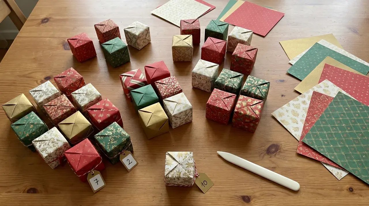 Folded origami boxes with square paper and markers on table