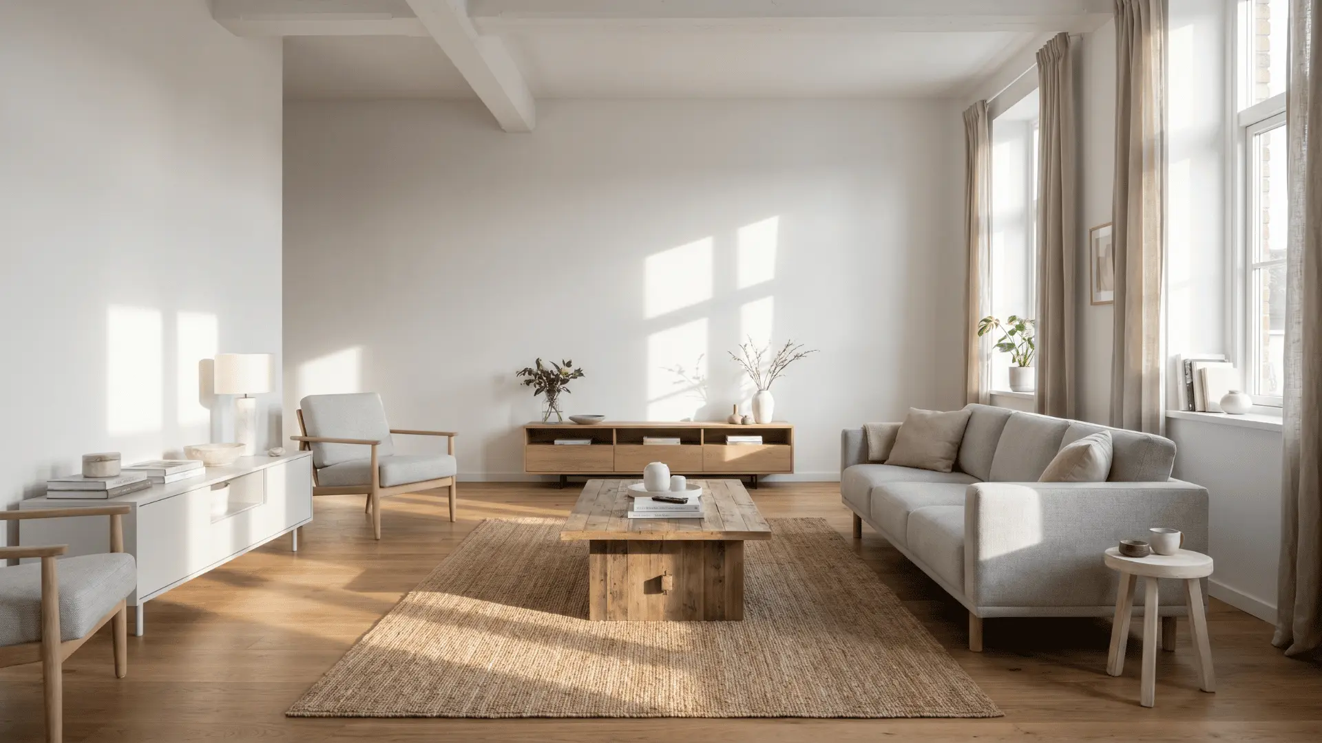 Living room with furniture set away from walls, creating open central space and a deliberate arrangement.