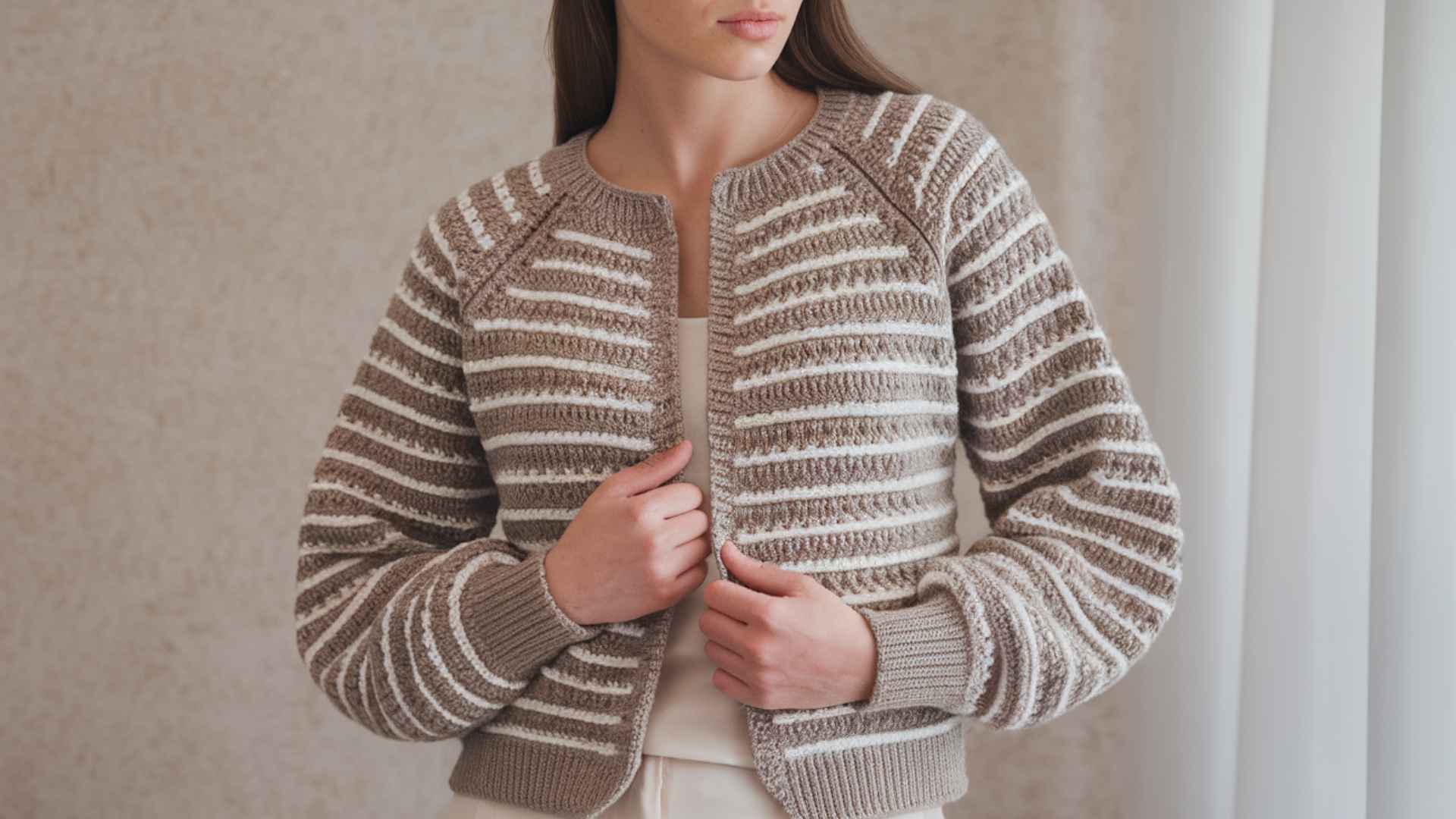 Waist-up model wearing a crochet raglan sleeve cardigan with seamless shaping lines.