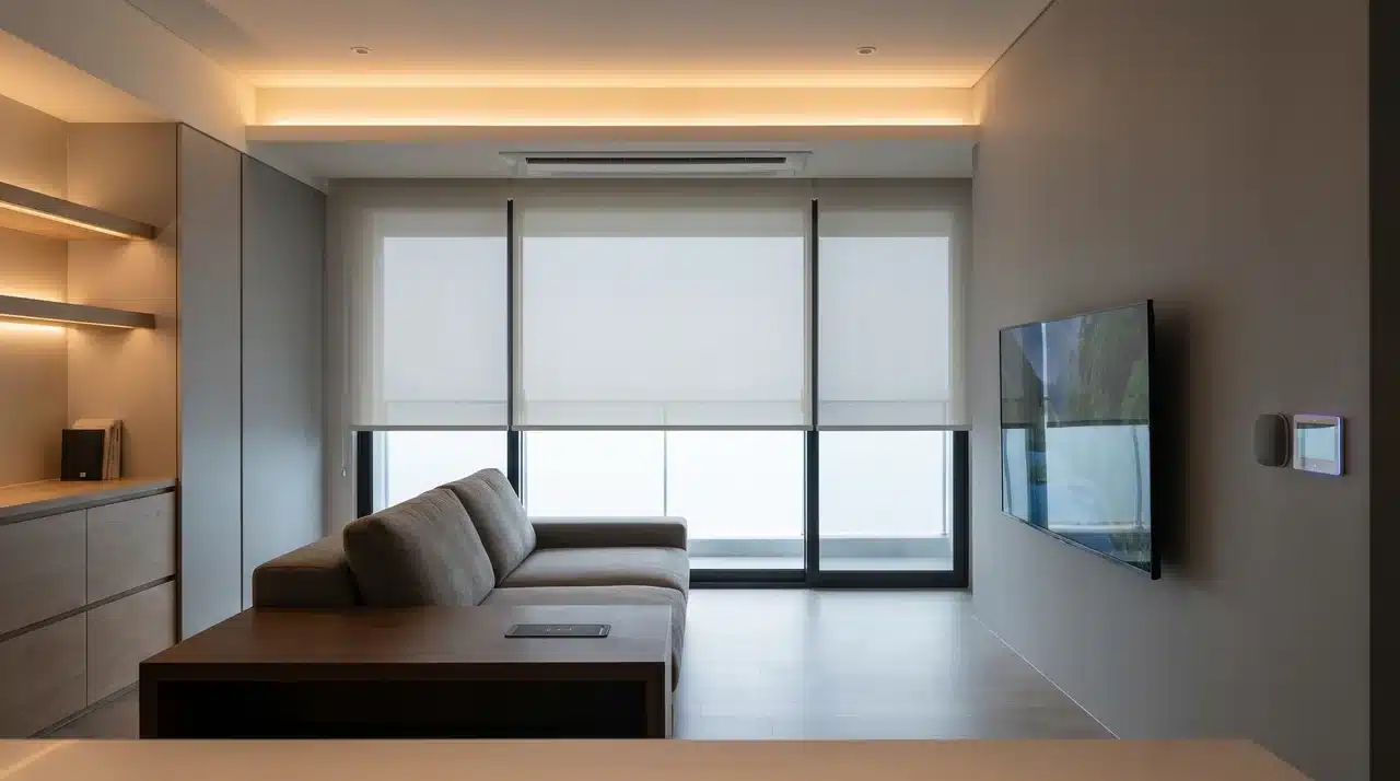 A modern living room with integrated smart lighting, motorized blinds, and hidden charging stations.