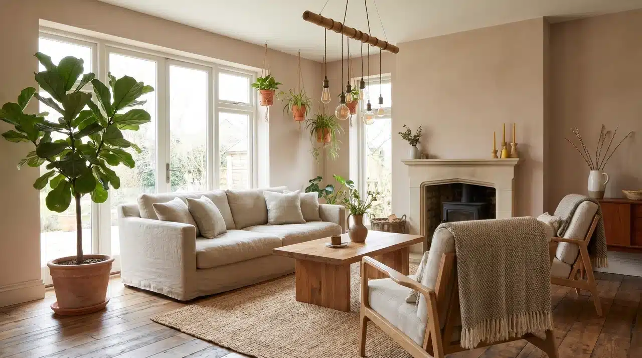 A living space featuring natural wood furniture, plants, and soft LED lighting, emphasizing sustainability.