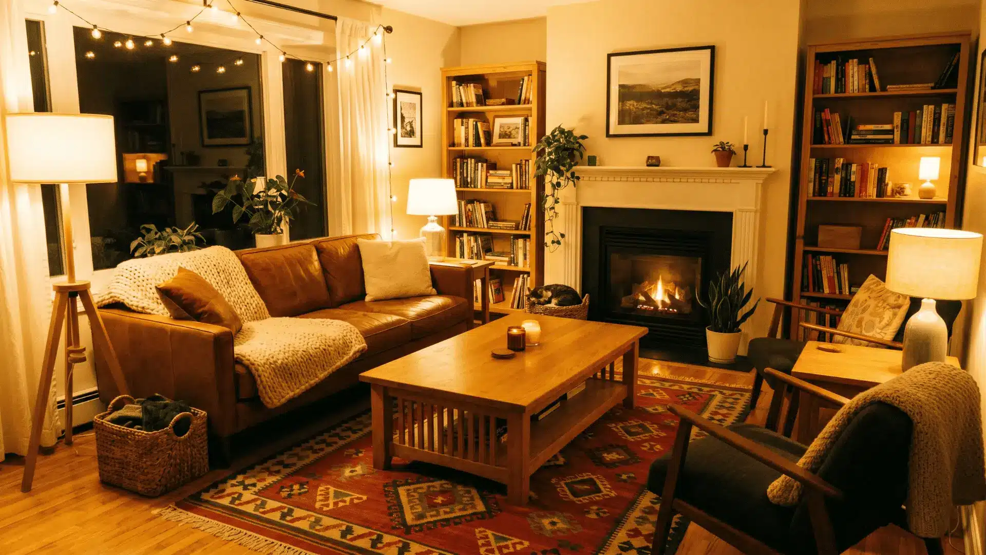 Room lit with warm light bulbs, creating inviting ambiance and rich surface tones.