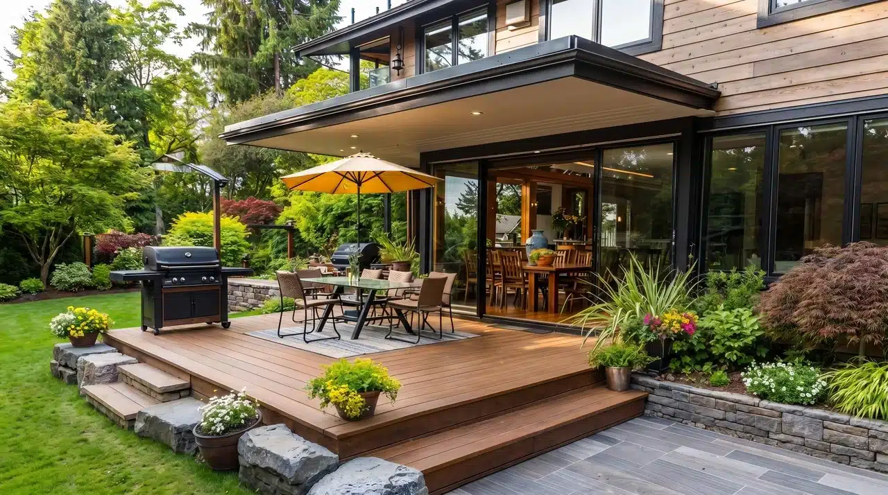 Warm brown wood deck with outdoor dining set and garden landscaping on a craftsman style home