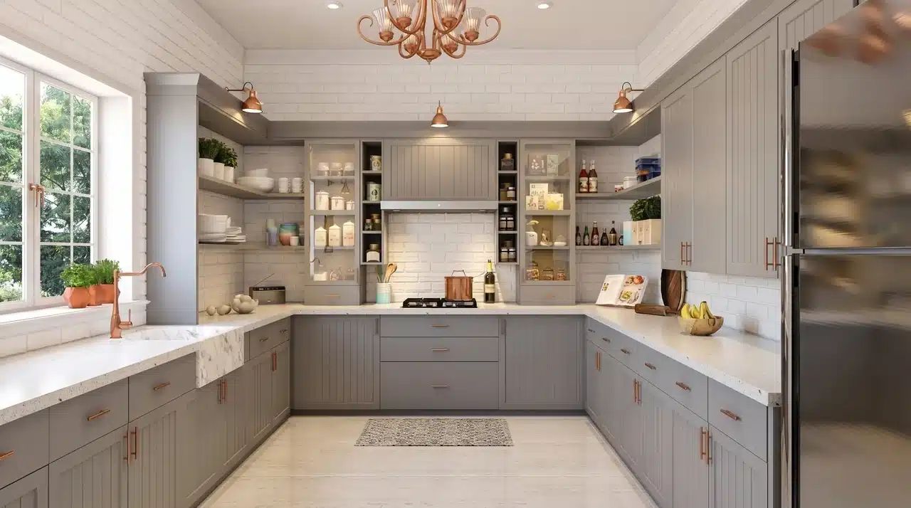 French country kitchen with grey shaker cabinets, open shelving, copper hardware, farmhouse sink, marble countertops, and chandelier
