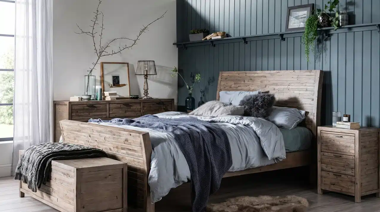 Italian bedroom with reclaimed wood bed frame, matching nightstand and dresser, grey linen bedding, dark teal shiplap wall, and sheer curtains