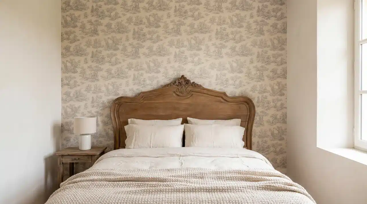 French country bedroom with single toile feature wall, carved wood headboard, cream linen bedding, and simple ceramic bedside lamp