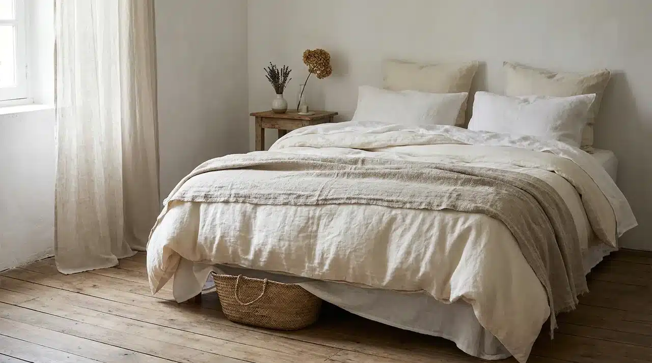 French country bedroom with layered cream linen bedding, dried hydrangea on wood nightstand, woven basket, and sheer linen curtains