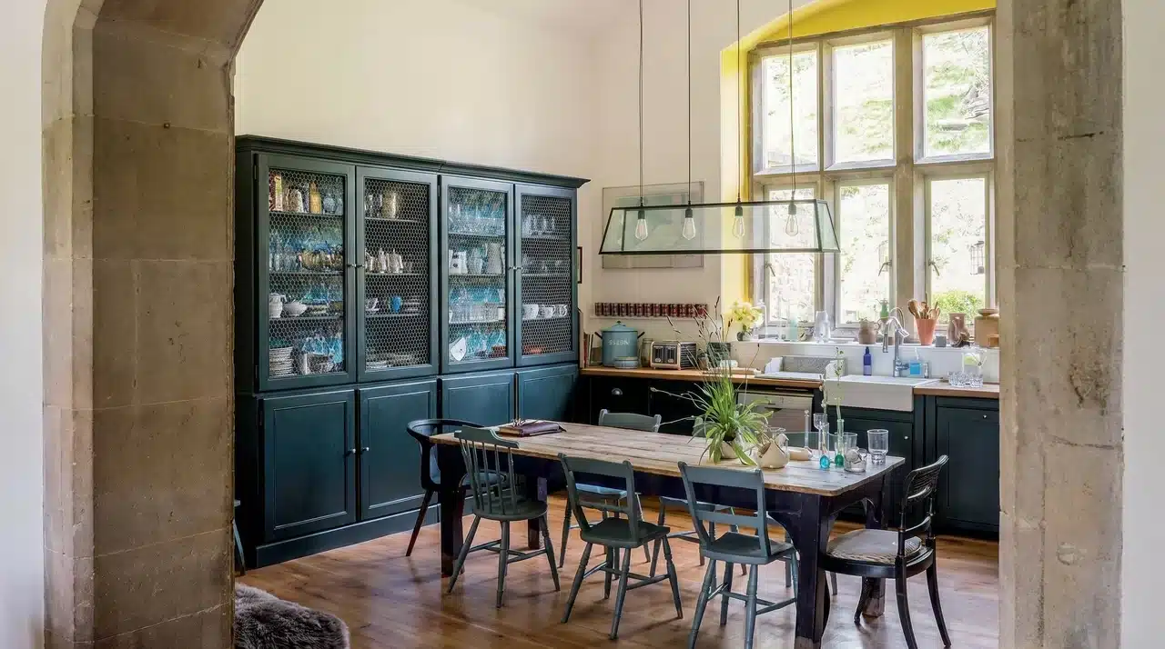 Rustic kitchen with worn wood farmhouse table, dark teal cabinetry, chicken wire cabinet doors, stone archway, and farmhouse sink